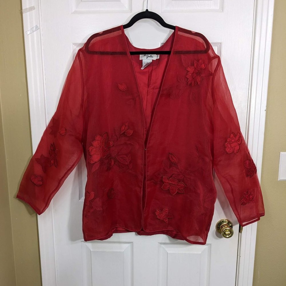 Ann Gerlin Vintage Linen Mesh Floral Applique Beaded Front Top Blouse - size 22W